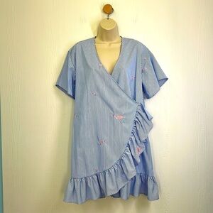 Romeo + Juliet - Flamingo Blue & White Stripe Ruffle Criss Cross Midi Dress Med